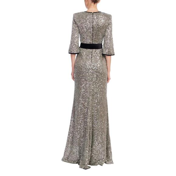 Badgley Mischka Sequin Velvet Sash V-Neck Gown $750 Silver Modest Long Sleeve *4 - Picture 3 of 6